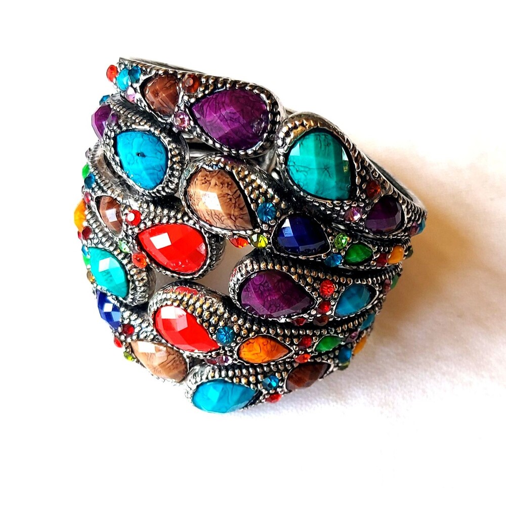 Vintage Multicolor Facetted Rhinestone Clamper Bracelet 3" wide 1990s Fashion